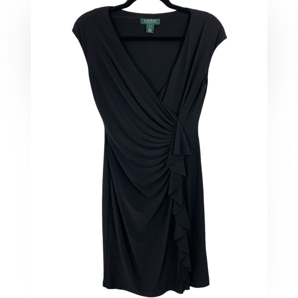 Lauren Ralph Lauren Black Stretch Dress Faux Wrap Cascading Ruffle Sz 4 Cocktail